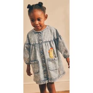 Next Kids Acid Wash Denim Smock Dress with Plush Chicken Toy Blue 2-3 Years 98cm
